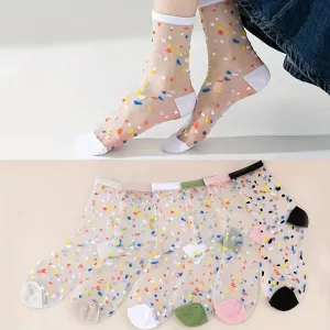 6 Pairs Sweetly Dotted Womens Socks - Lightweight Glass Silk Mid-Tube Style, Fashionable & Breathable, Perfect for Stockings Collection