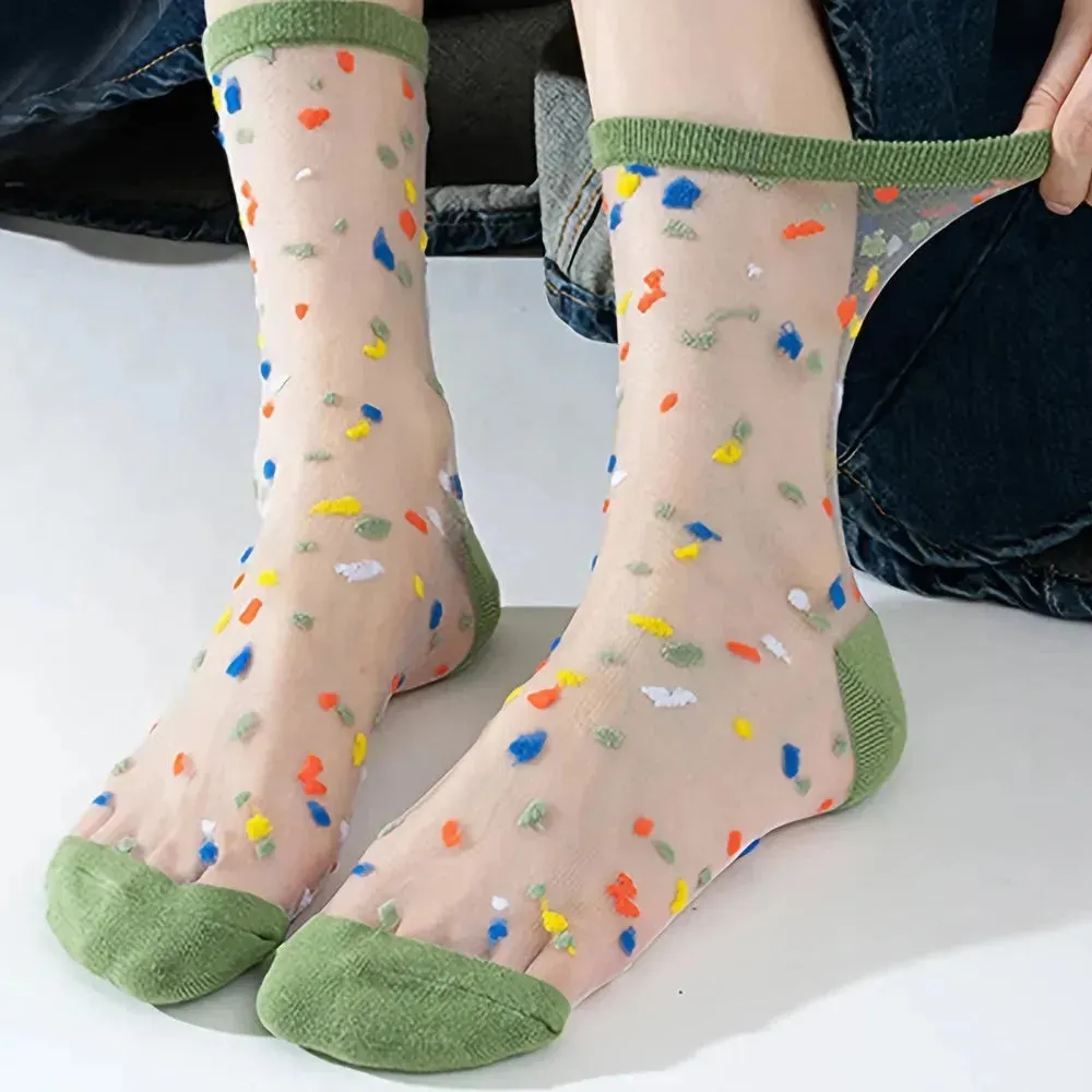 6 Pairs Sweetly Dotted Womens Socks - Lightweight Glass Silk Mid-Tube Style, Fashionable & Breathable, Perfect for Stockings Collection
