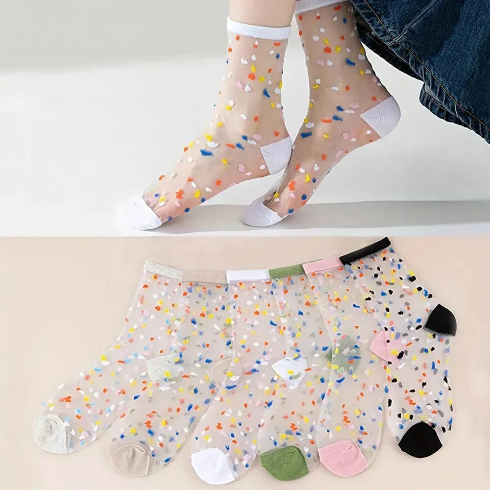 6 Pairs Sweetly Dotted Womens Socks - Lightweight Glass Silk Mid-Tube Style, Fashionable & Breathable, Perfect for Stockings Collection