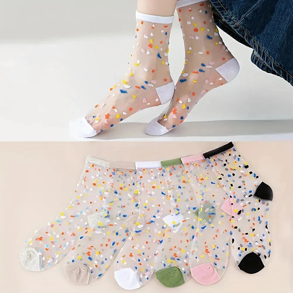 6 Pairs Sweetly Dotted Womens Socks - Lightweight Glass Silk Mid-Tube Style, Fashionable & Breathable, Perfect for Stockings Collection