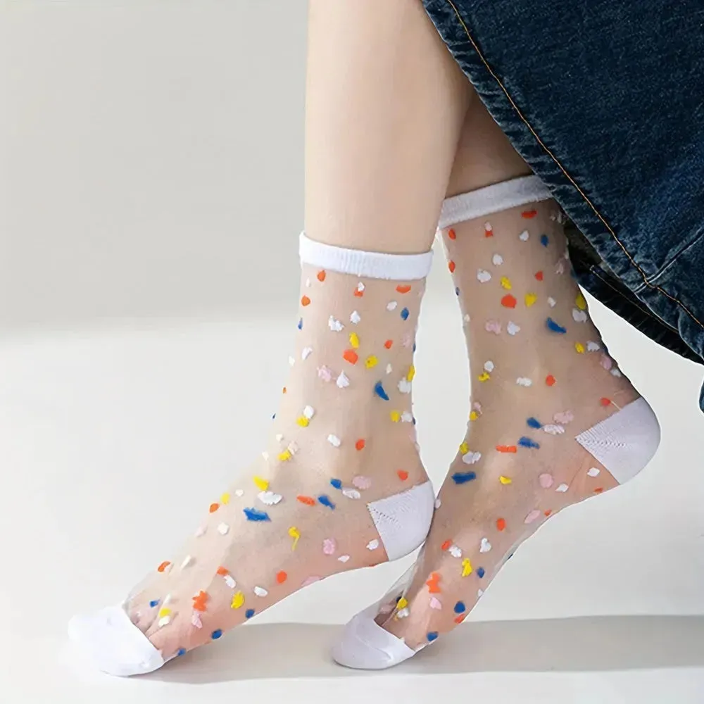 6 Pairs Sweetly Dotted Womens Socks - Lightweight Glass Silk Mid-Tube Style, Fashionable & Breathable, Perfect for Stockings Collection
