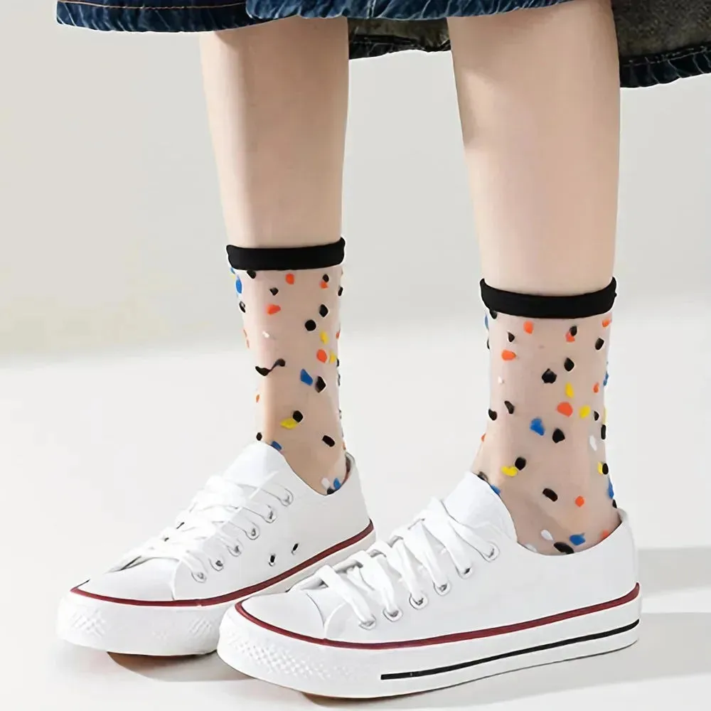 6 Pairs Sweetly Dotted Womens Socks - Lightweight Glass Silk Mid-Tube Style, Fashionable & Breathable, Perfect for Stockings Collection