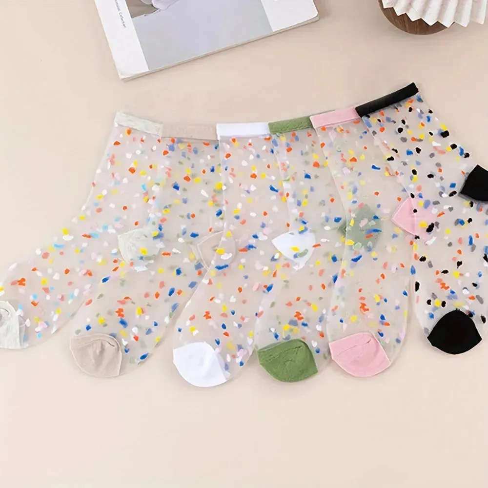 6 Pairs Sweetly Dotted Womens Socks - Lightweight Glass Silk Mid-Tube Style, Fashionable & Breathable, Perfect for Stockings Collection