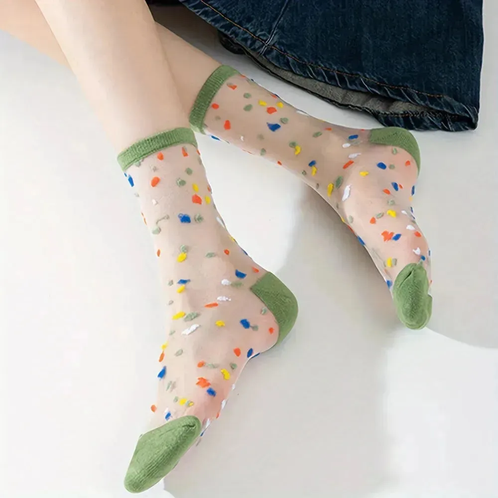 6 Pairs Sweetly Dotted Womens Socks - Lightweight Glass Silk Mid-Tube Style, Fashionable & Breathable, Perfect for Stockings Collection