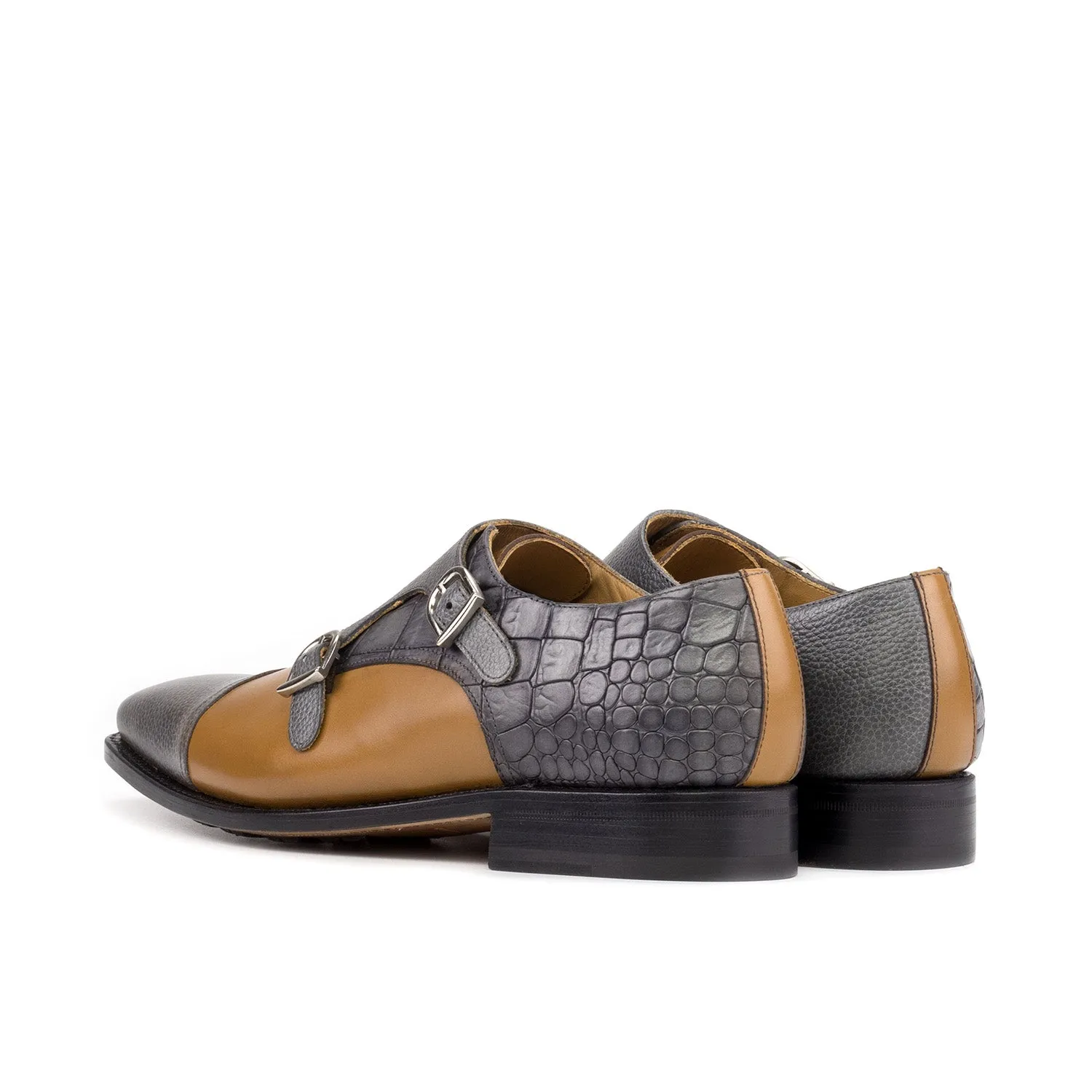 Ambrogio Bespoke Men's Shoes Cognac & Gray Multi-Materials Monk-Straps Loafers (AMB2442)