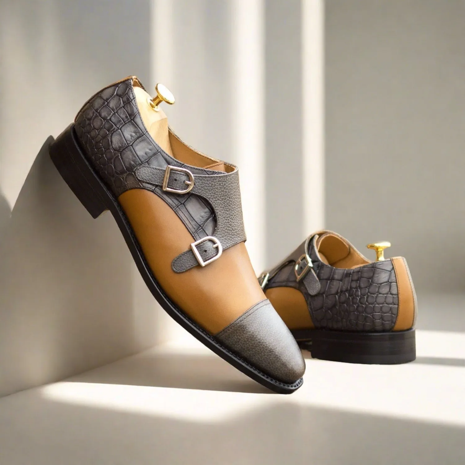 Ambrogio Bespoke Men's Shoes Cognac & Gray Multi-Materials Monk-Straps Loafers (AMB2442)