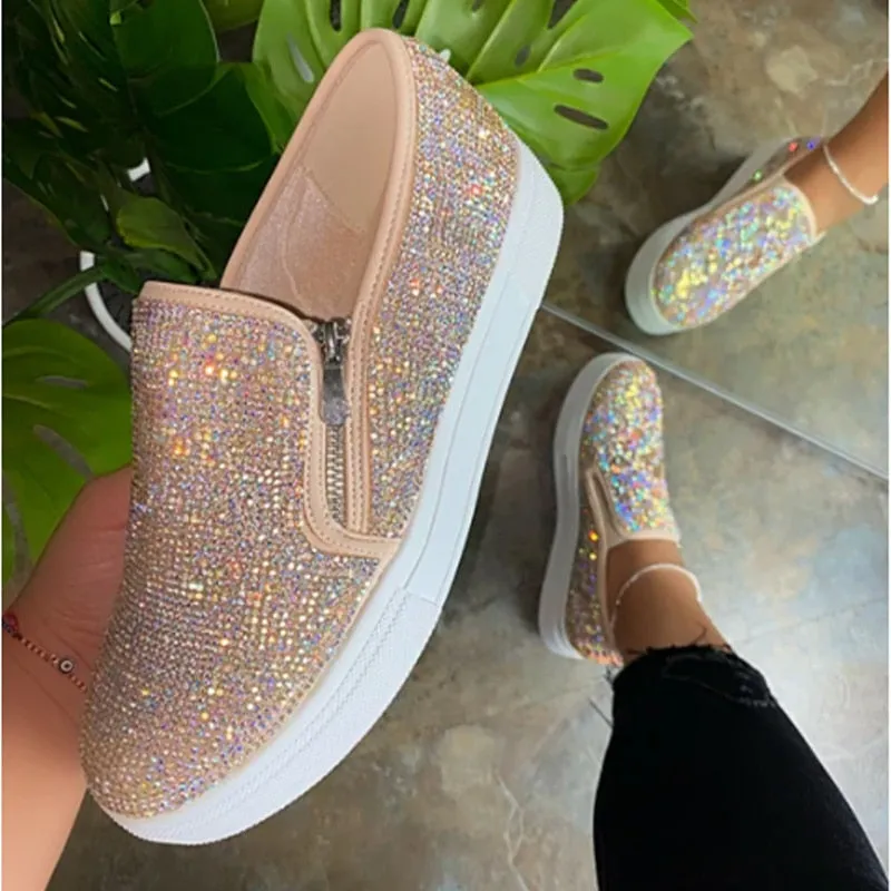 Back to school lovevop  Women Crystal Loafers Woman Bling Sneakers Platform Vulcanized Autumn Female Zip Sport Shoes Women's Casual Flats Big Size 35-43