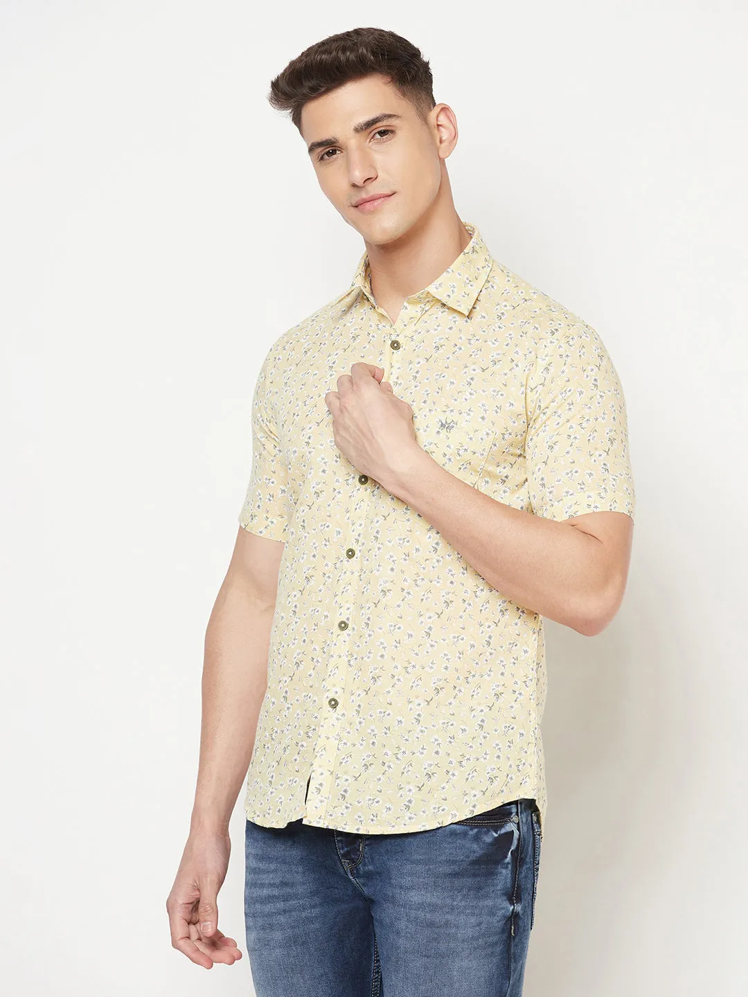 Beige Floral Linen Shirt