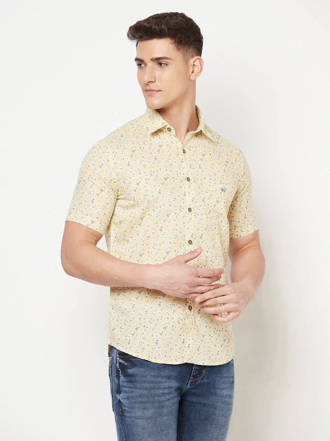 Beige Floral Linen Shirt
