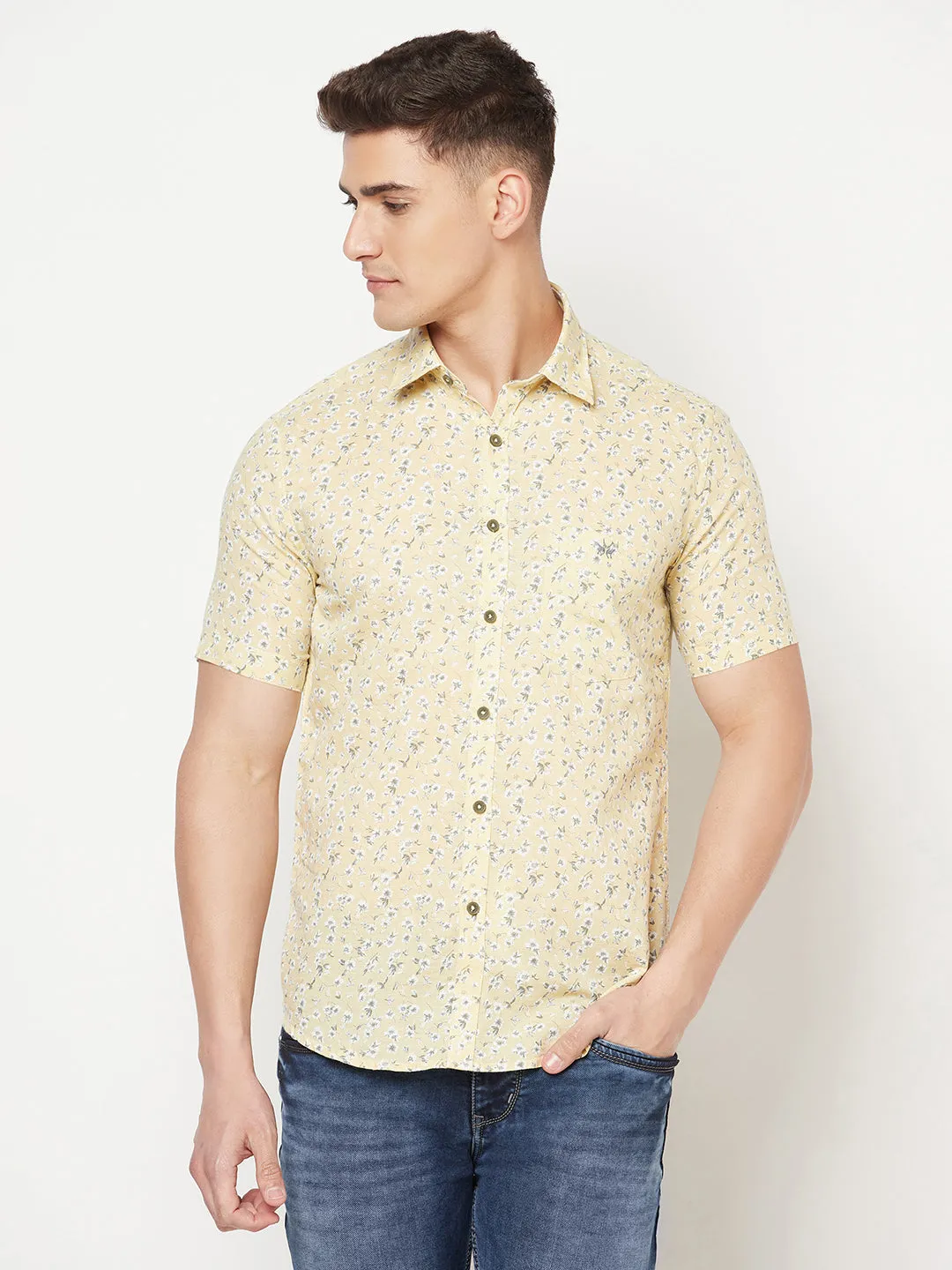 Beige Floral Linen Shirt
