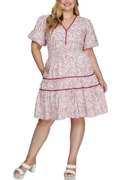 Berry Color Printed V-Neck Puff Sleeve Tiered Dress