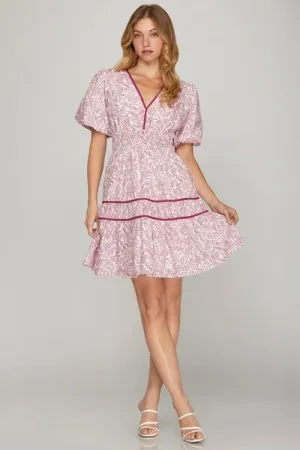 Berry Color Printed V-Neck Puff Sleeve Tiered Dress
