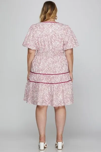 Berry Color Printed V-Neck Puff Sleeve Tiered Dress
