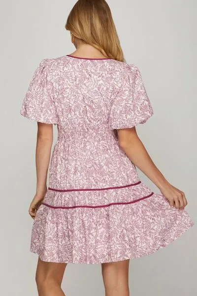 Berry Color Printed V-Neck Puff Sleeve Tiered Dress