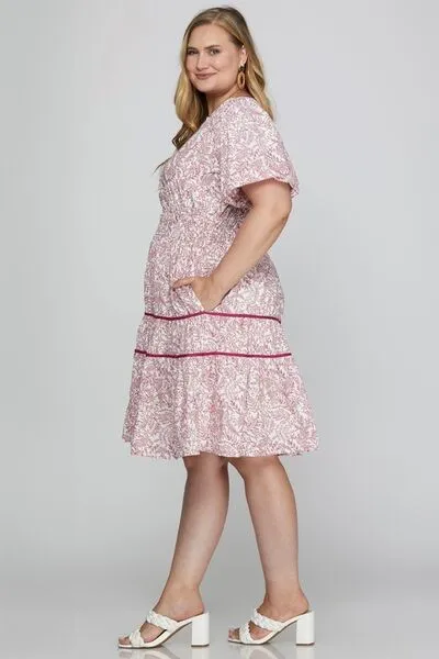 Berry Color Printed V-Neck Puff Sleeve Tiered Dress