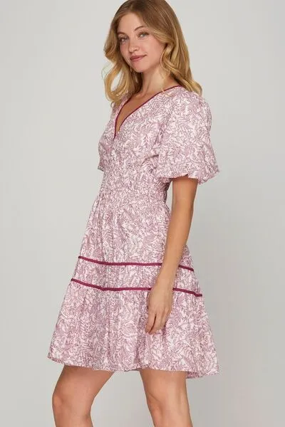 Berry Color Printed V-Neck Puff Sleeve Tiered Dress