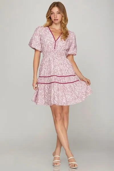 Berry Color Printed V-Neck Puff Sleeve Tiered Dress