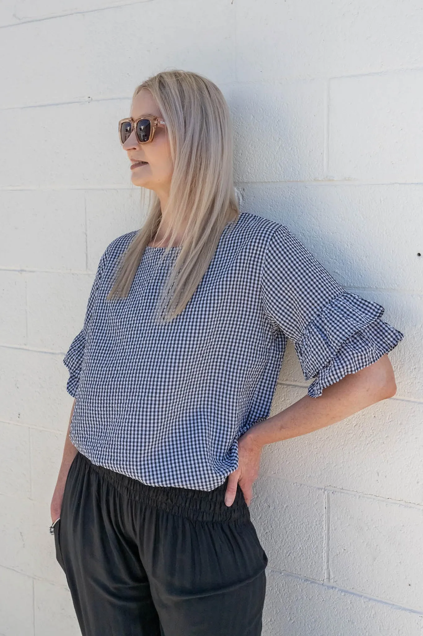 Black - Plaid Valerie Ruffle Sleeve Top