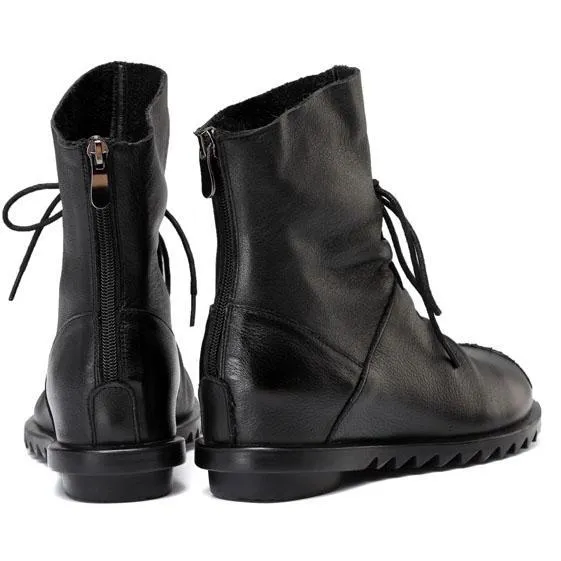 Black Retro Drawstring Soft Leather Short Boots