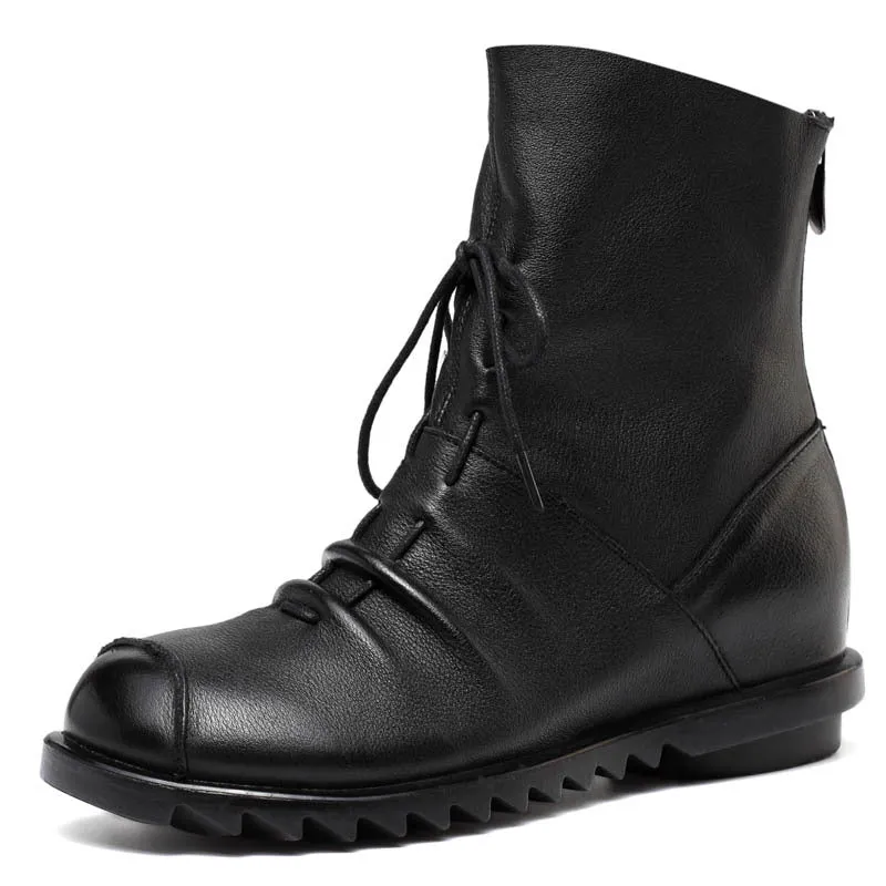 Black Retro Drawstring Soft Leather Short Boots
