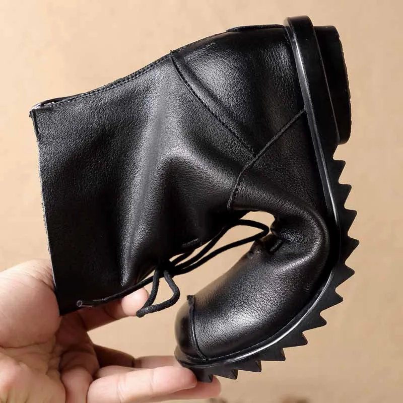 Black Retro Drawstring Soft Leather Short Boots