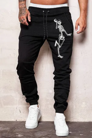 Black Skeleton Print Drawstring Elastic Waist Men's Sweatpants