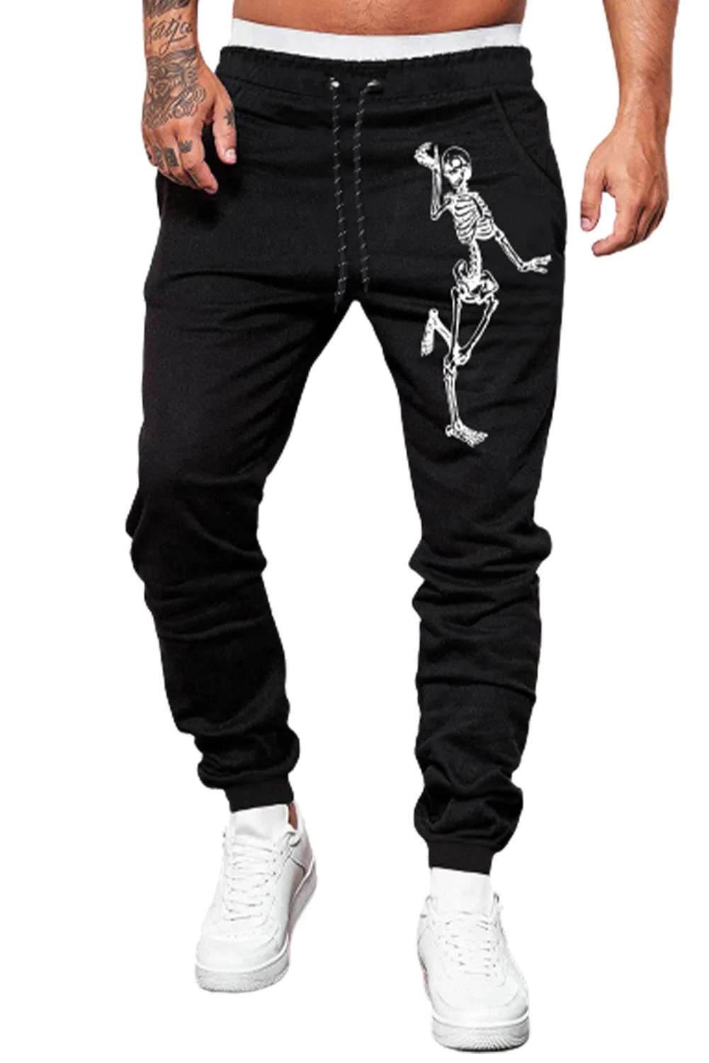 Black Skeleton Print Drawstring Elastic Waist Men's Sweatpants