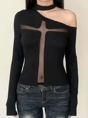 Black Y2k one shoulder shirt with cross design