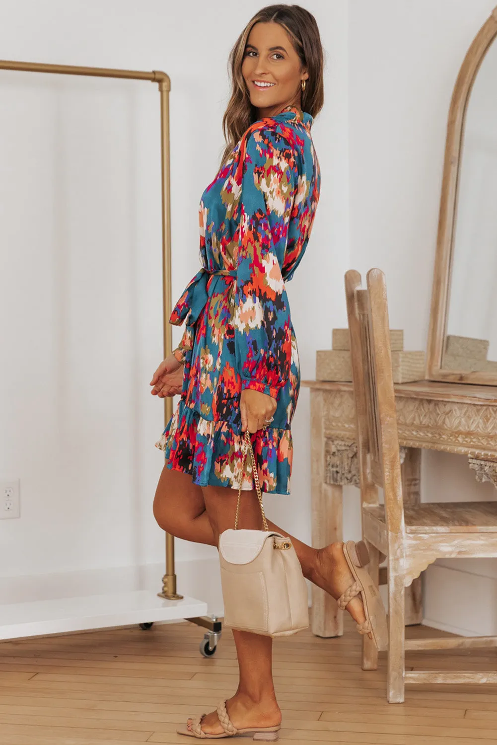 Blue Abstract Print Ruffled Drawstring High Waist Mini Dress