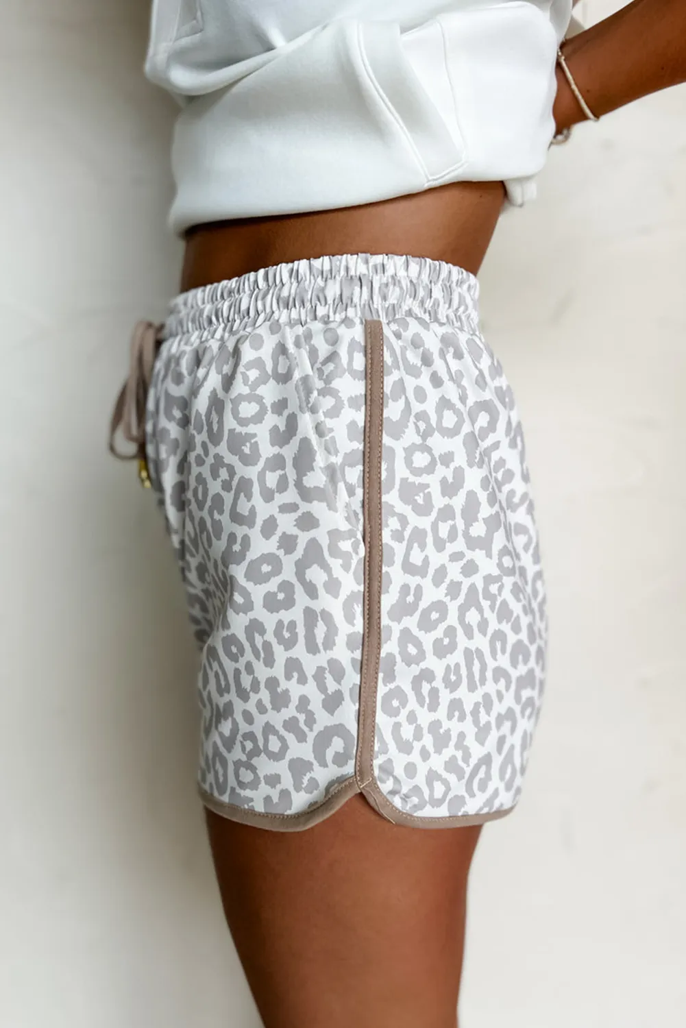 Blue Leopard Elastic Waist Lace up Contrast Trim Casual Shorts