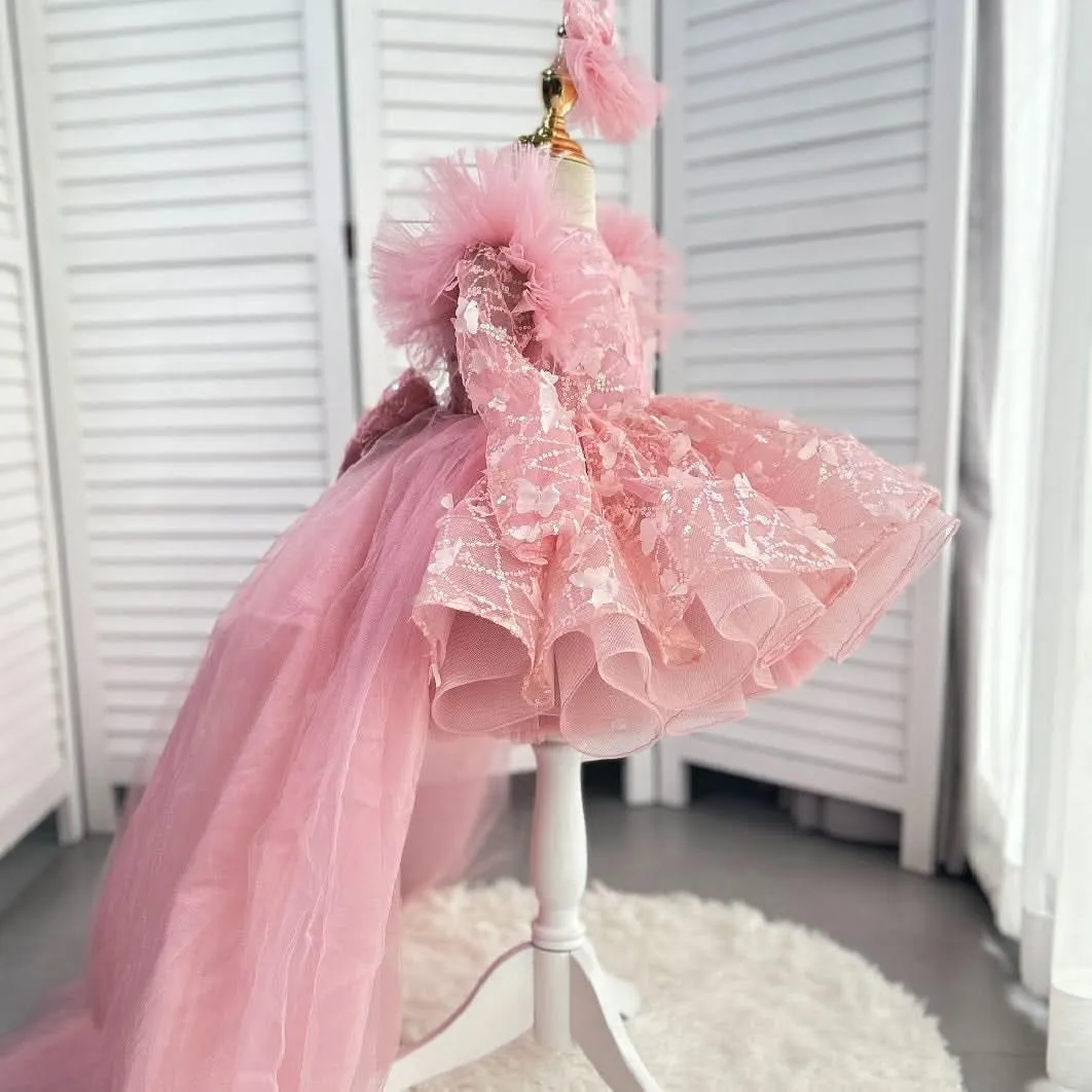 Bow flower Dress for girls Baby birthday party Princess dress tail can be removed Colors can be customized