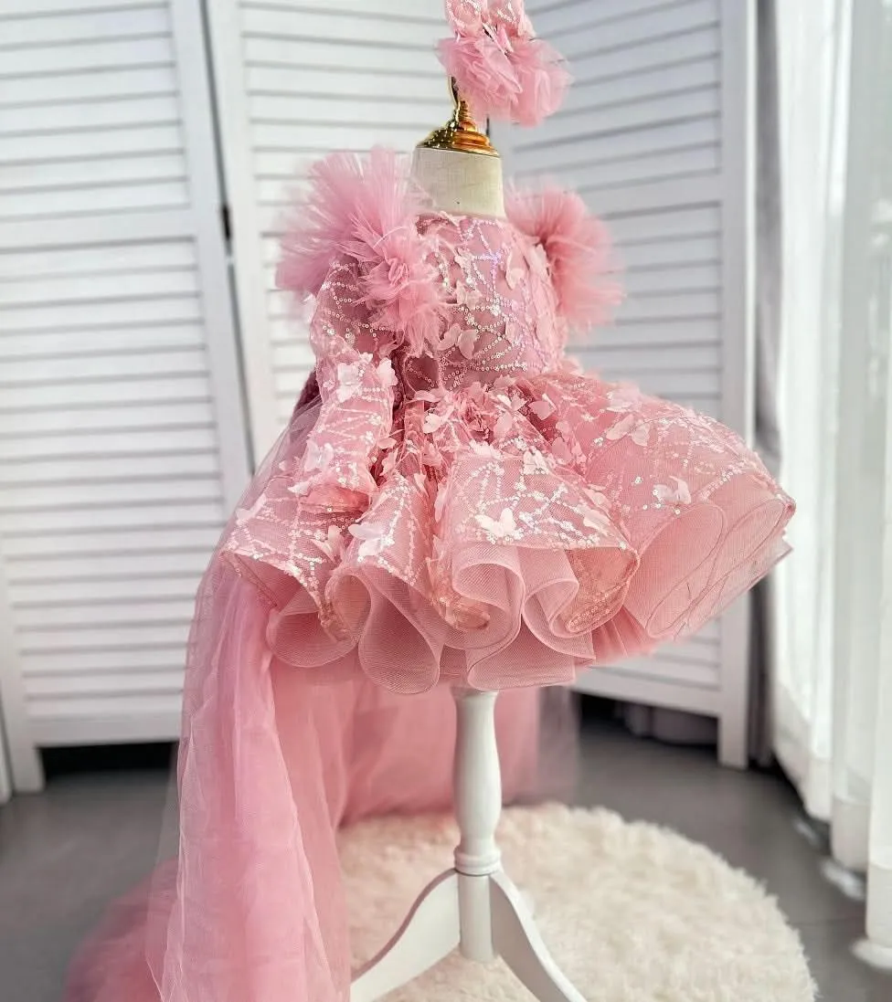 Bow flower Dress for girls Baby birthday party Princess dress tail can be removed Colors can be customized