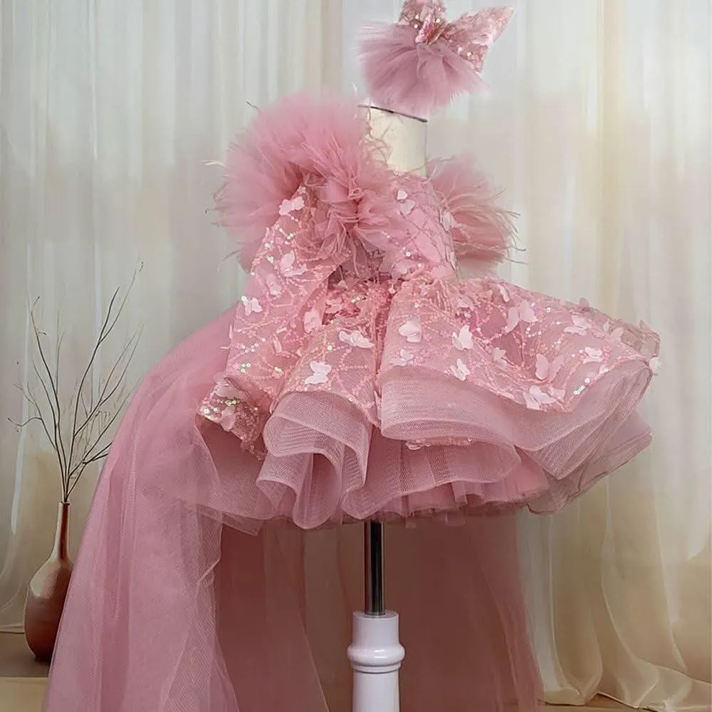 Bow flower Dress for girls Baby birthday party Princess dress tail can be removed Colors can be customized