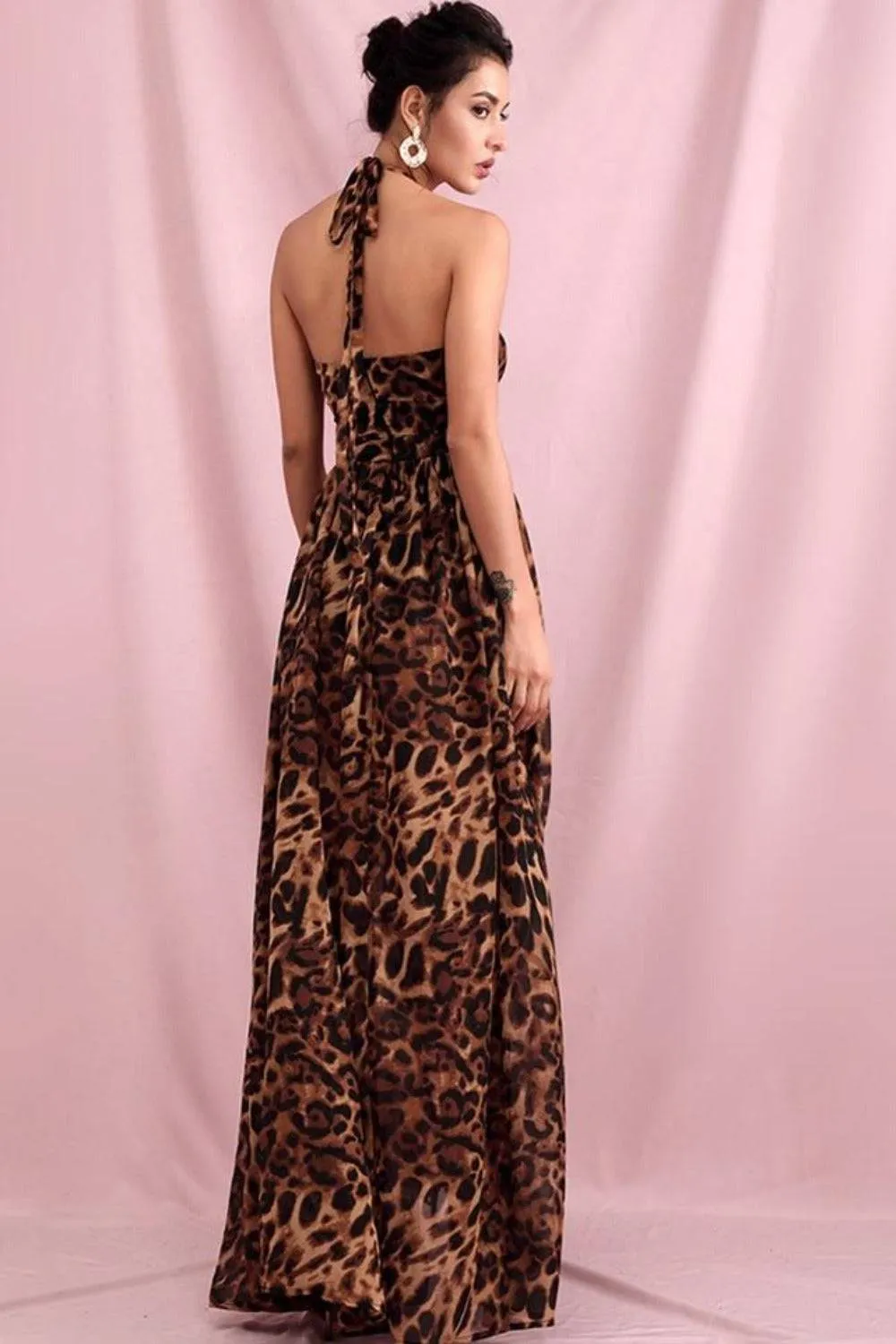 Brown Leopard Cut Out Chiffon Maxi Dress