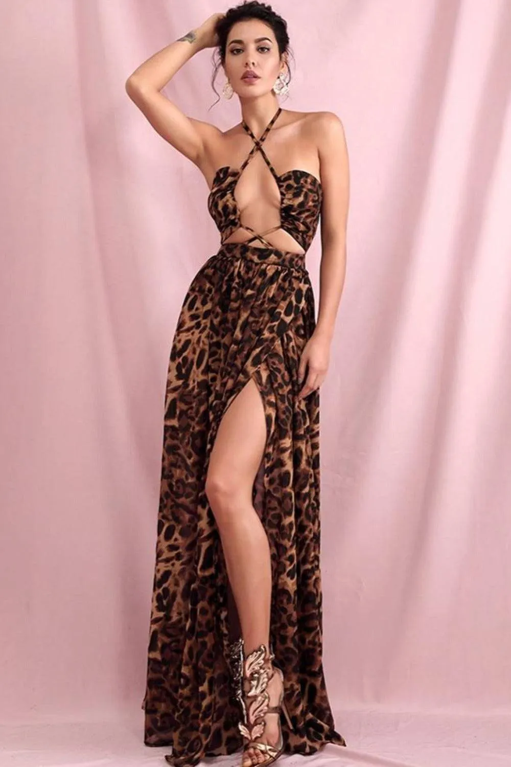 Brown Leopard Cut Out Chiffon Maxi Dress