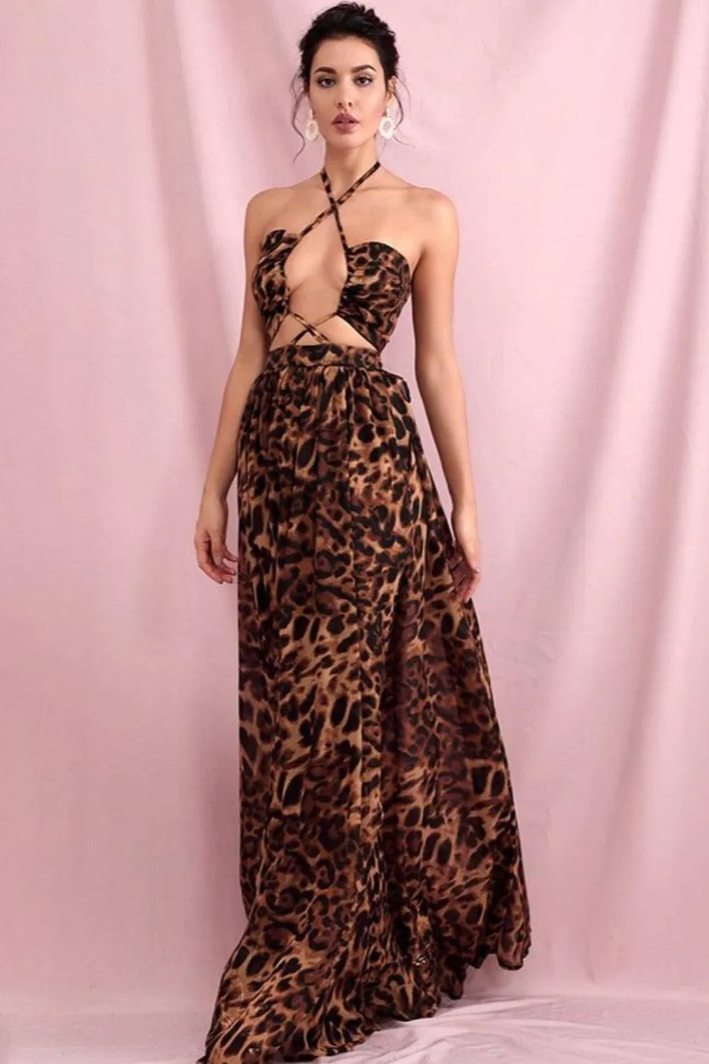 Brown Leopard Cut Out Chiffon Maxi Dress