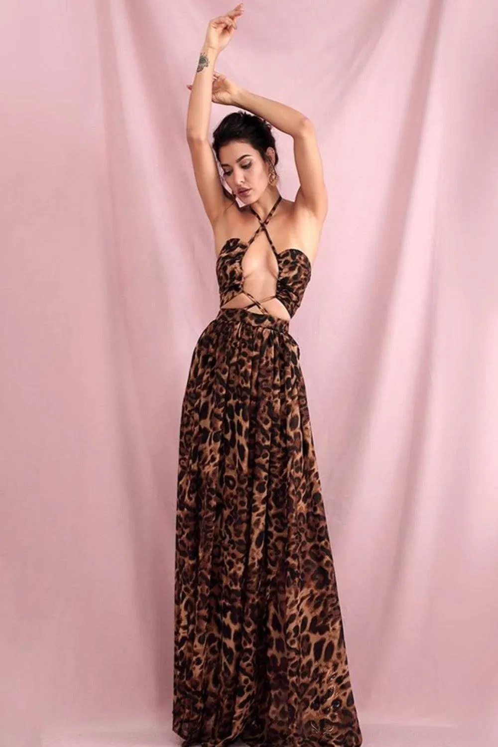 Brown Leopard Cut Out Chiffon Maxi Dress