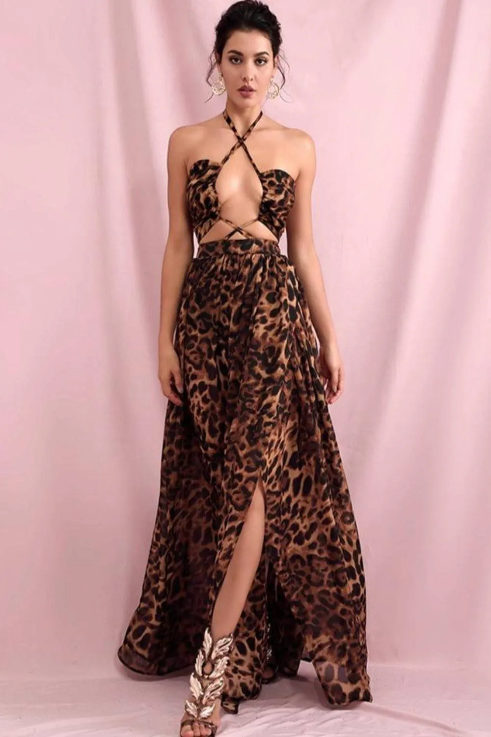 Brown Leopard Cut Out Chiffon Maxi Dress