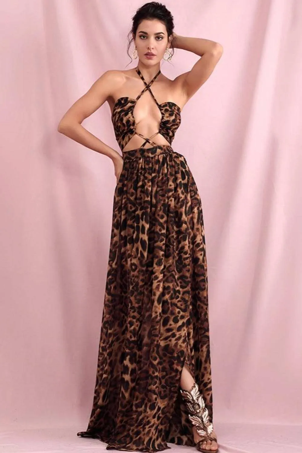 Brown Leopard Cut Out Chiffon Maxi Dress