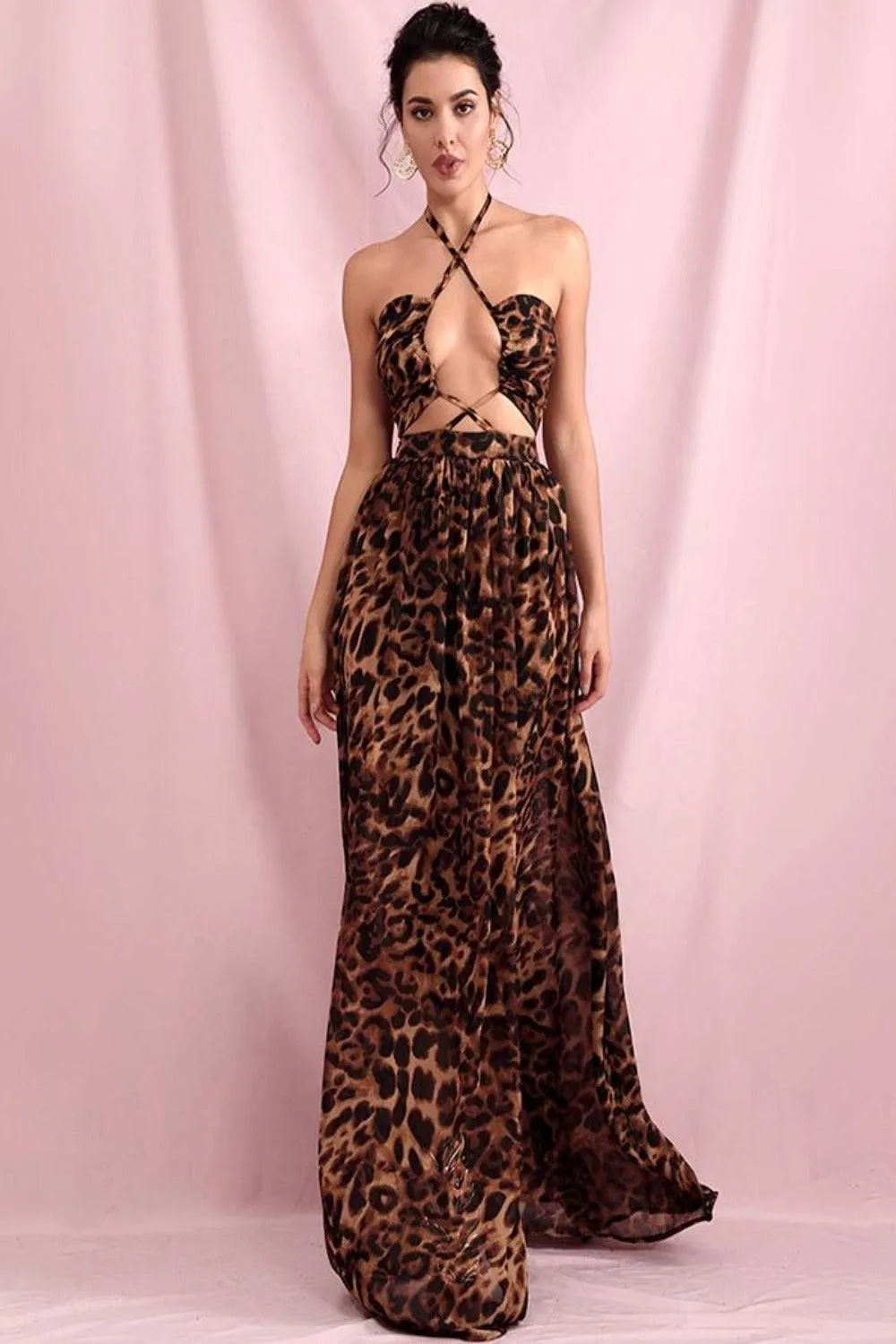 Brown Leopard Cut Out Chiffon Maxi Dress