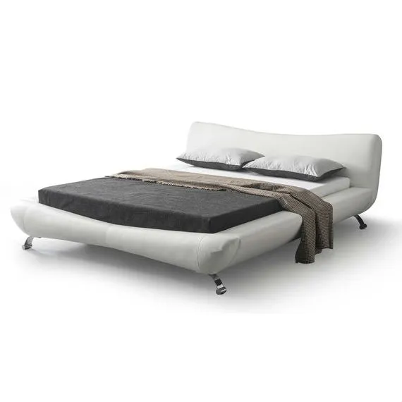 California King White Faux Leather Upholstered Platform Bed with Modern Headboard