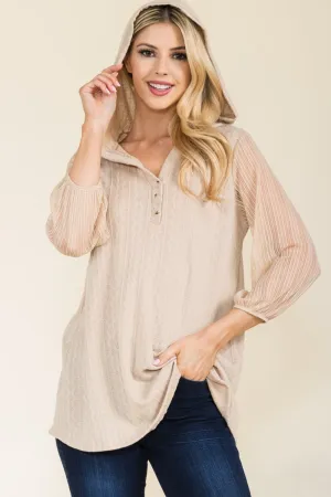 Celeste Full Size Mesh Sleeve Texture Hooded Top