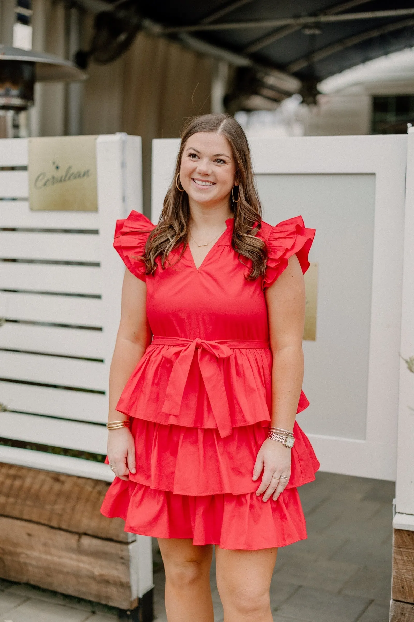 Cherry Red Ruffle Sleeve Tie Waist Dress