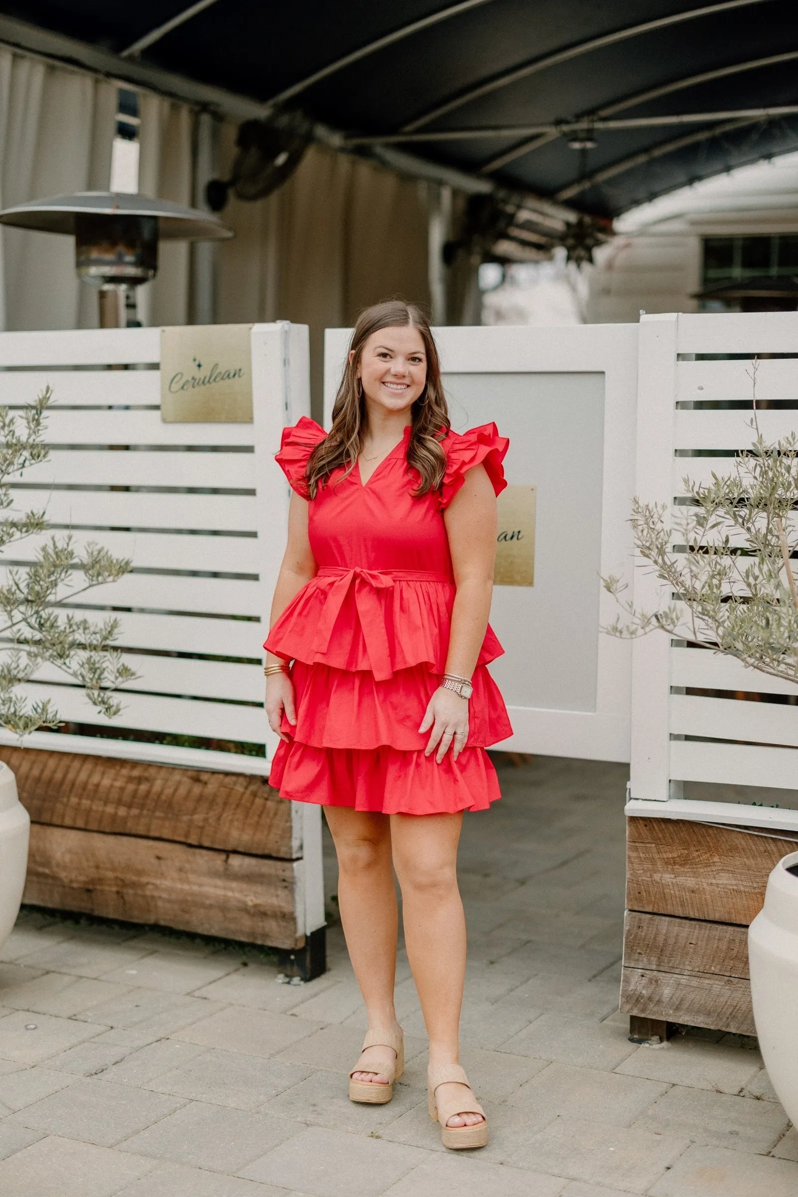 Cherry Red Ruffle Sleeve Tie Waist Dress