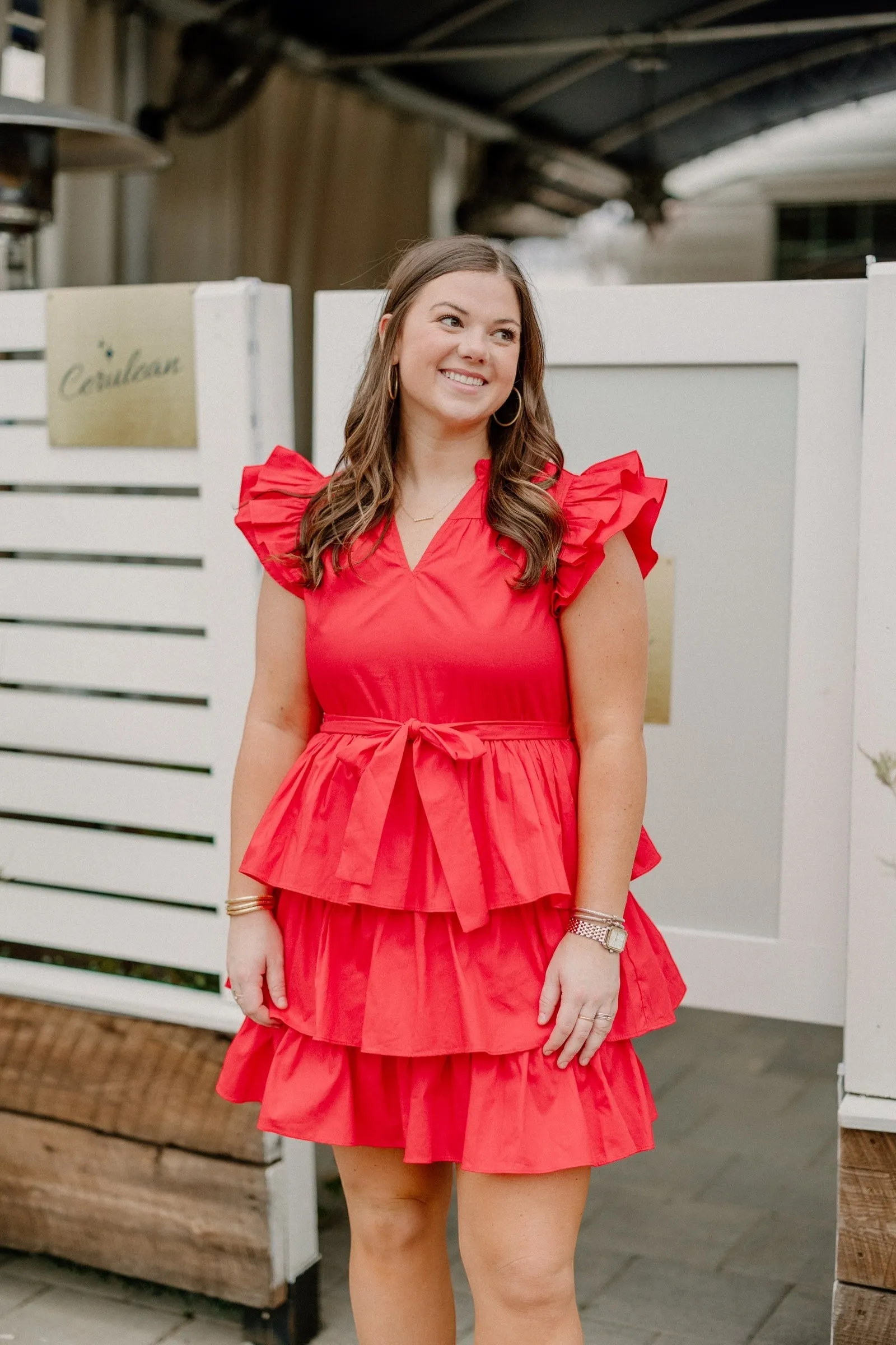 Cherry Red Ruffle Sleeve Tie Waist Dress