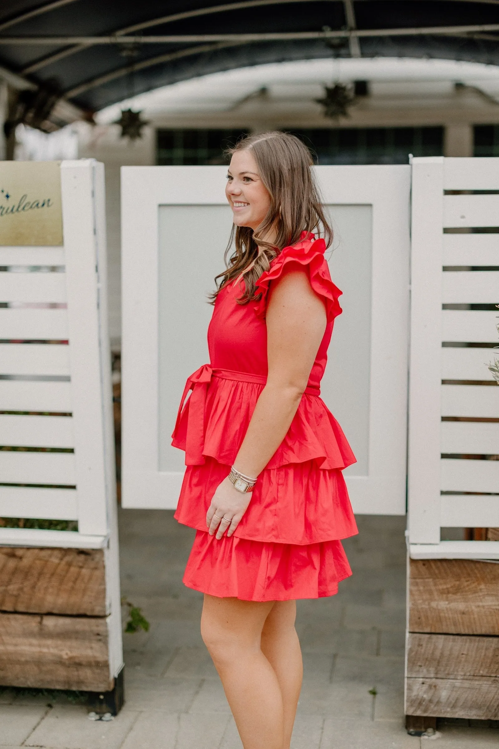 Cherry Red Ruffle Sleeve Tie Waist Dress
