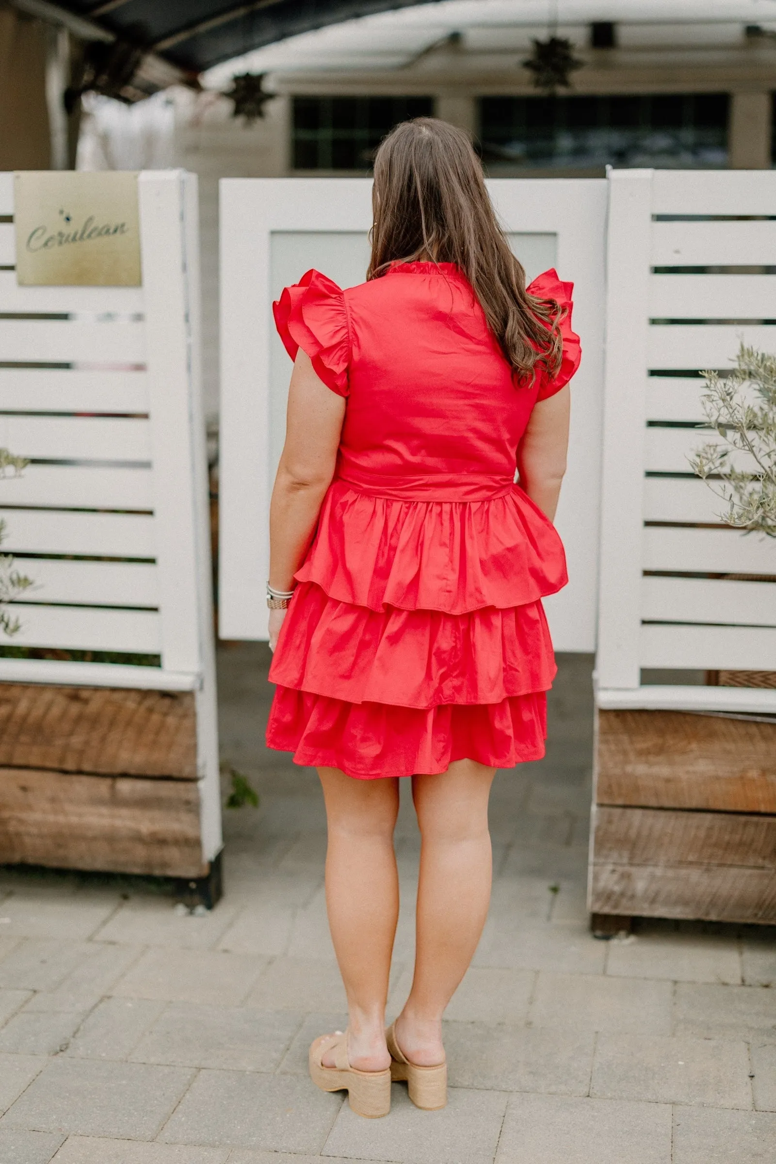 Cherry Red Ruffle Sleeve Tie Waist Dress