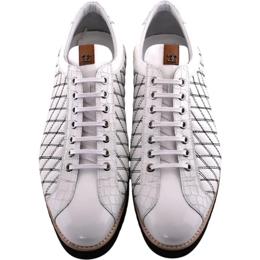 Corrente Men’s White Calfskin Round Toe Sport Sneaker with Quilted Side Design