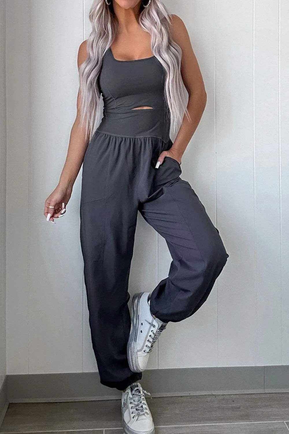 Cutout Square Neck Jumpsuit with Wide Straps for Active Wear