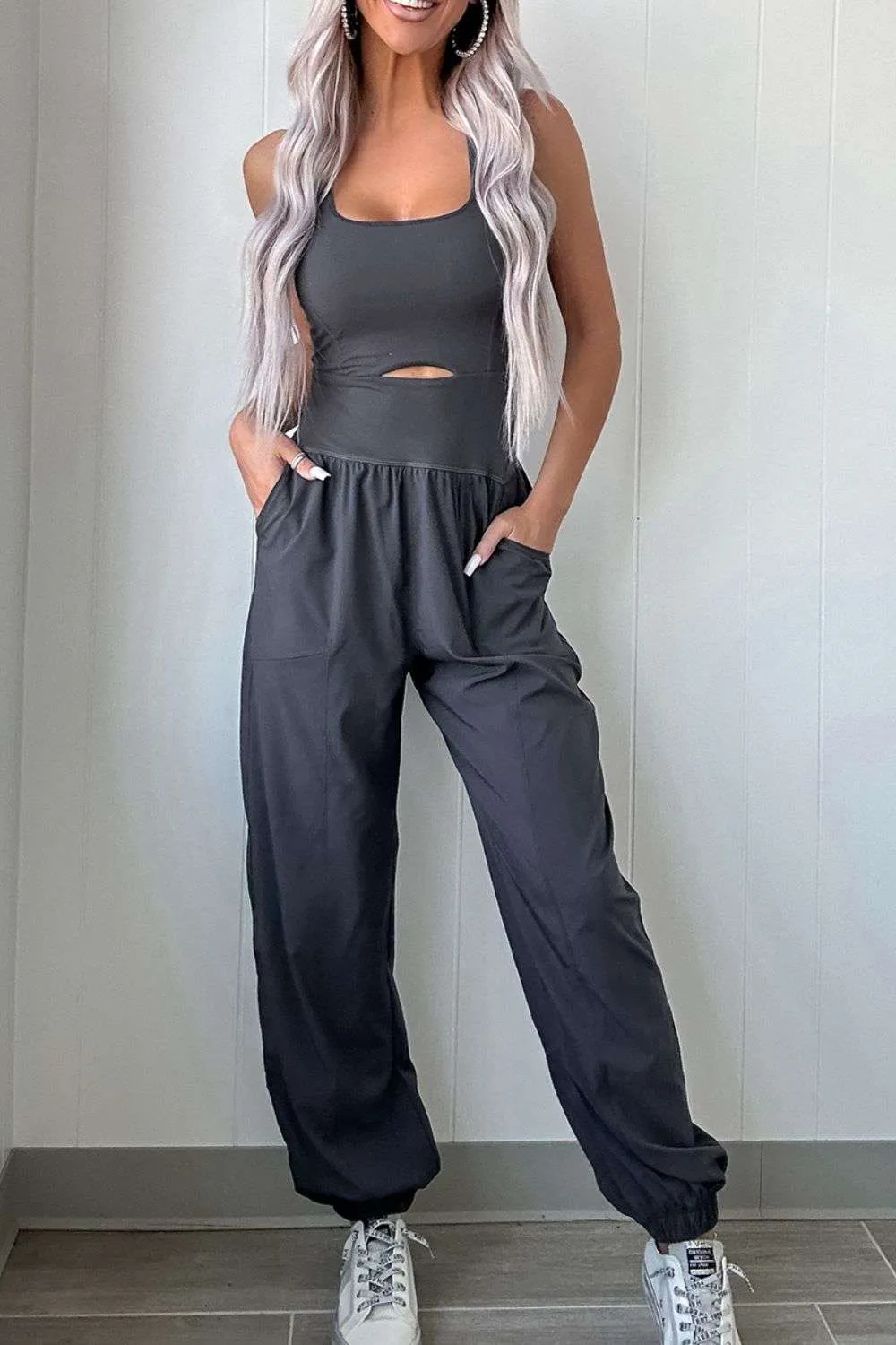 Cutout Square Neck Jumpsuit with Wide Straps for Active Wear